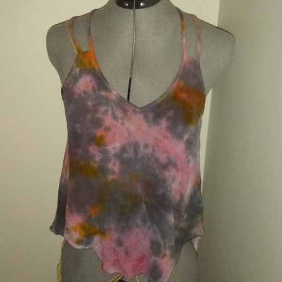 Tie Dye Blouse, Tie Dye Cross Back Blouse, Pink Gray Yellow Tie Dye Tank - Picture 8 of 12